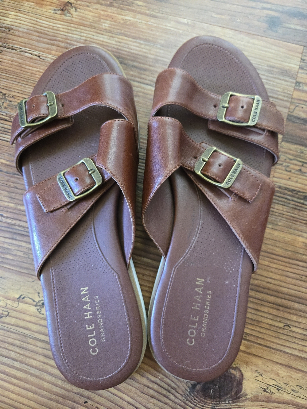 Cole Haan Grand Series Brown Leather Slide Sandals with Buckles "Megan", 8.5